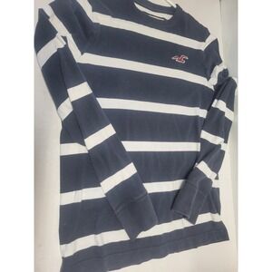 Hollister Mens Long Sleeve Striped T-Shirt Navy Blue White Logo Size‎ L